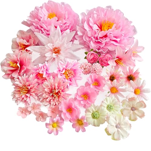 32 Piezas Cabezas de Flores Artificiales, Flores Artificiales Decoracion, Mixtos Floris Falsas Realistas, Decorativa Flore de Simulación por DIY Manualidades de Boda Decoración de Pasteles (Rosa)