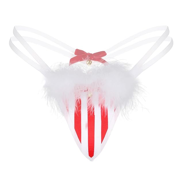 JanJean Womens Christmas Lingerie Underwear Feather Trim Bowknot Bell T-Back G-String Thongs