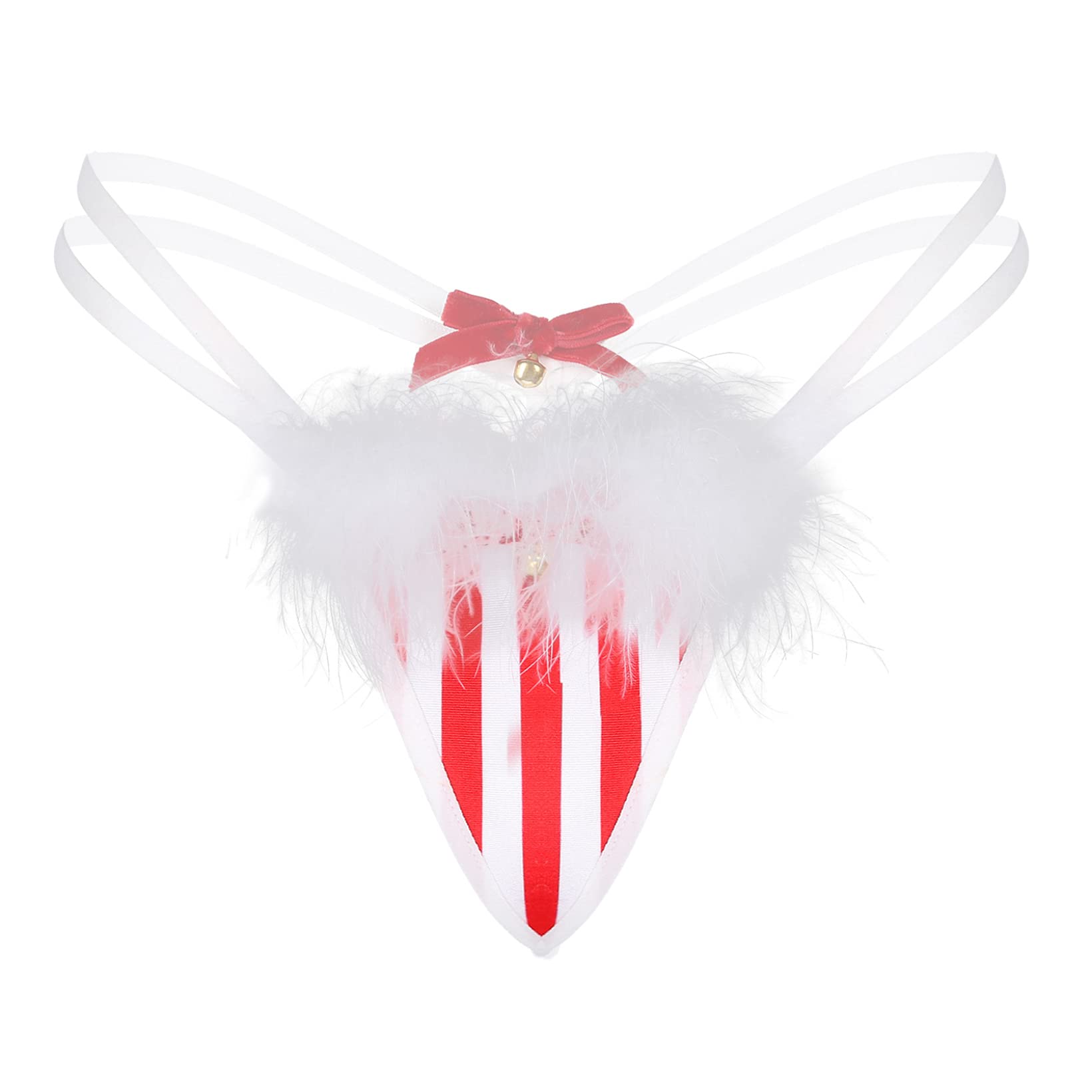 JanJean Womens Christmas Lingerie Underwear Feather Trim Bowknot Bell T-Back G-String Thongs