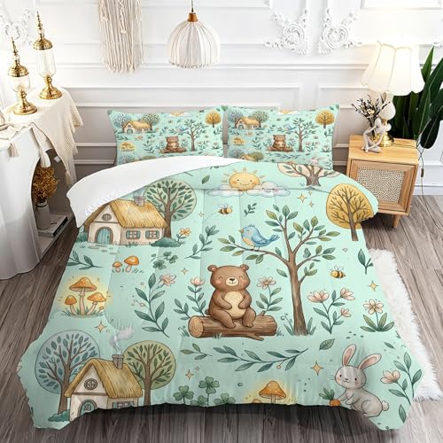 Image of Cute Woodland Animal Comforter Set Full Size, Bear and Rabbit Print for Kids Boys Girls Teens, Soft Microfiber Room Decor 1 Comforter 2 Pillowcase