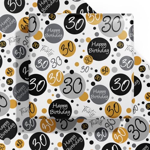 WRAPAHOLIC Birthday Wrapping Paper Sheet - 6 Sheets Black 30th Birthday Design Folded Flat for Bday, Party, Baby Showers - 19.7 Inch X 27.5 Inch Per Sheet