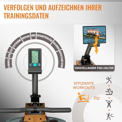 Bild 2 - Wasser Rudergerät für Zuhause, Hochwertiges Faltbares Wasserrudergerät aus Massivholz, mit Professionellem Bluetooth-Monitor mit Tablet-Halter, Max 150kg Belastbar