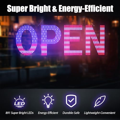 Image of LED Open Signs for Business, 40 inchL x 14 inchW Inch Large Led Open Sign with 3 Scene Modes, Ultra Bright Adjustable Open Light Up Sign Led for Storefront (US Flag)