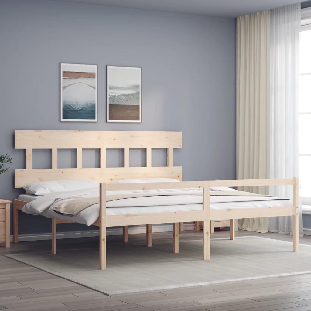 Lite drewno sosnowe z podwyższonym wezgłowiem 45 cm Brąz 200 x 200 cm | Łóżko dla seniora 200x200 z zagłówkiem, lite drewno sosnowe, rama 45 cm, przechowywanie pod łóżkiem