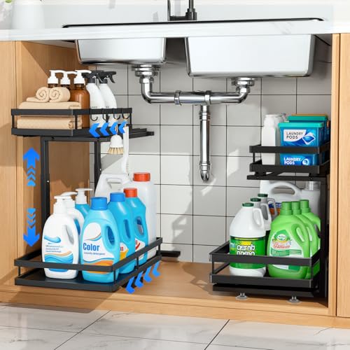 Under Sink Organizer, Dual-Rail Ball-Bearing, Under Kitchen Sink Organizer, 6-Level