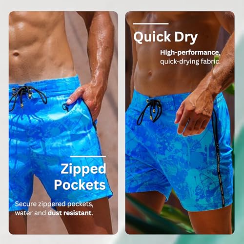 Tucann Men's Trunks 5" Compression Liner Quick Dry Zipper Pocket Chlorine Resistan 4 Way Stretch Printed Swim Shorts2