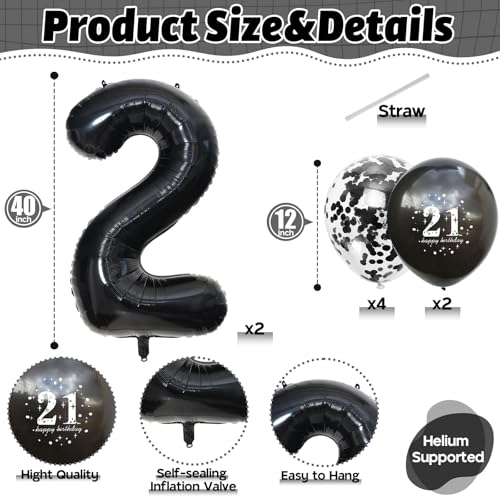 Image of 21st Birthday Balloons Black, Decorations for Him With Large Number 21 Foil Balloon, Confetti Metallic Black Latex Balloons for Her Girls Boys 21 Years Old Bday Decor
