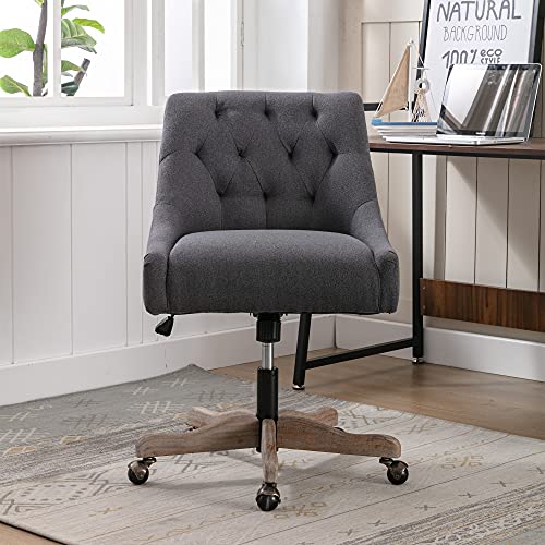 Homsof Modern Mid-Back Desk, Adjustable Height Swivel Home Office, Accent Chair With Wheels And Wood Base, Linen, Charcoal Grey #TOP7