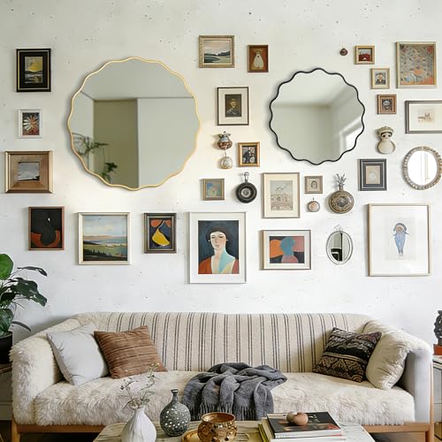 Image of Small Black Wavy Round 17 inch Scalloped Modern Wall Vanity Decor Mirror