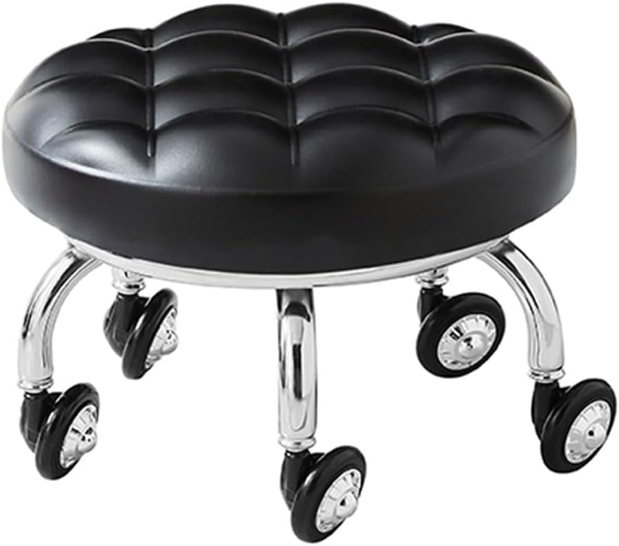 Low Roller Stool with 360° Swivel Wheels, Low-Height Short Rolling Stool Seat, PU Leather Small Mechanic Chair, Rolling Stools with Backrest for Pedicure, Garage, Shop, Library Black