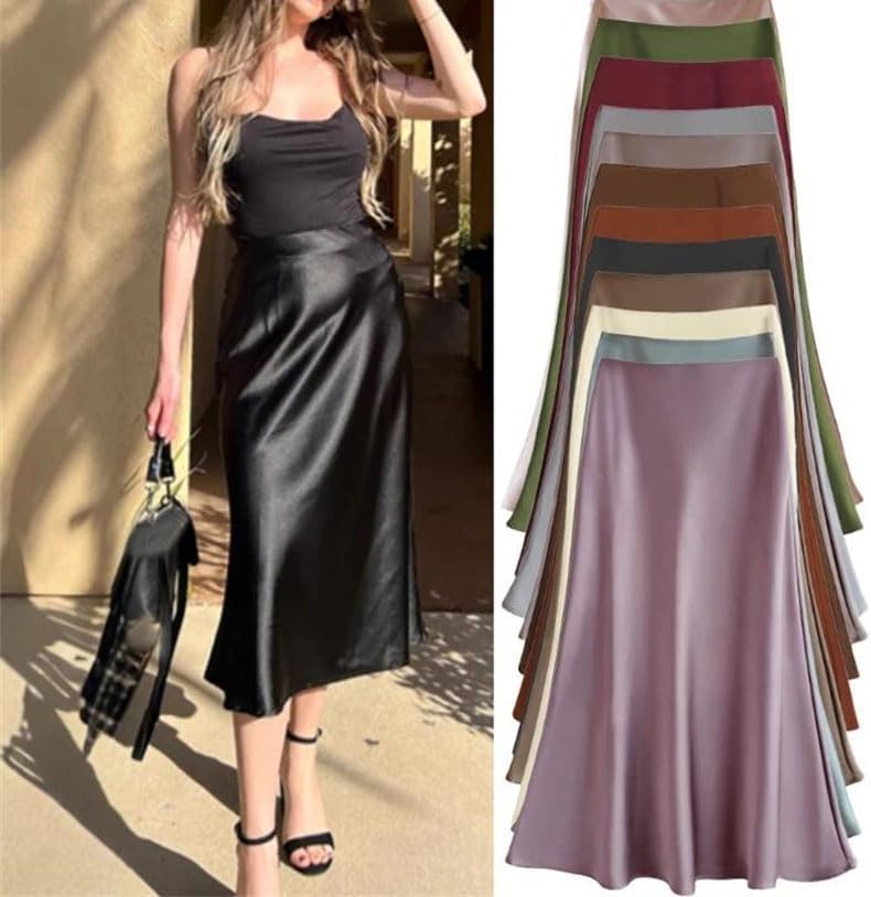 Women's Summer Satin A-Line Long Skirt High Waist Office Fishtail Design Solid Color3