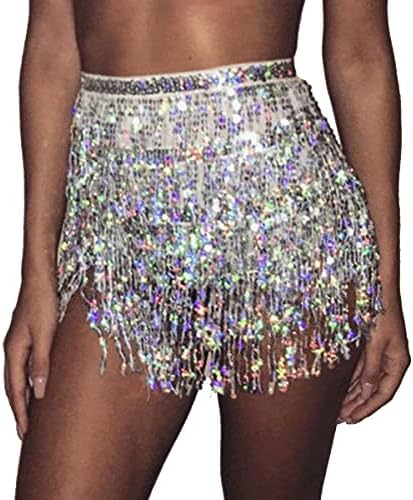 Bufenia Women's Belly Dance Hip Skirt Tassel Sequins Hip Scarf Strappy Wrap Rave Skirts Halloween Costume Club Festival (Silver)