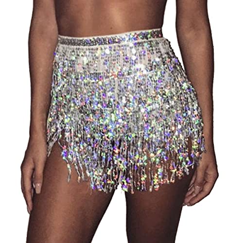 Bufenia Women's Belly Dance Hip Skirt Tassel Sequins Hip Scarf Strappy Wrap Rave Skirts Halloween Costume Club Festival (Silver) #TOP27
