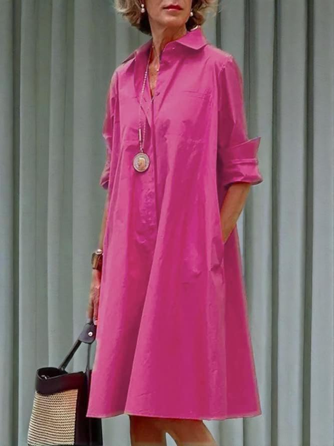 Womens 2025 Long Sleeve Button Down Shirt Summer Dress Casual V Neck Loose Fit Midi Shirt Dresses with Pockets - Image 6