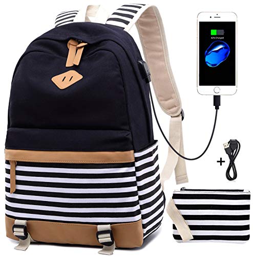 Teen Girls Backpack Stripe Canvas Backpack for Girls High School Backpack with USB Laptop Backpack for Women 15.6 inch 2 in 1 Set Black