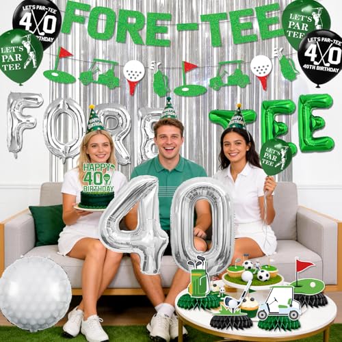 Image of 40th Birthday Decorations for Men, Golf 40 Birthday Decorations for Men Including FORE-TEE Banner Silver Fringe Curtain Golf Themed Honeycomb Centerpieces 40 Foil Balloons