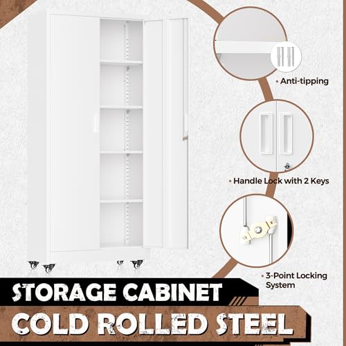 Image of INTERGREAT Metal Garage Storage Cabinet with Wheels, Rolling Storage Cabinet with Locking Doors and 4 Adjustable Shelves,- 73 inch Steel Tool Cabinet for Home Office,Garage,Warehouse,White
