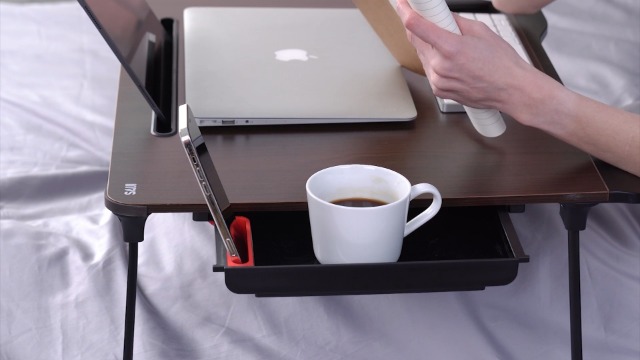 Tavolo Laptop Pieghevole SAIJI XXL - Legno Teak, 65x49x30 Cm, Con Cassetto E Supporto Tablet - Foto 7