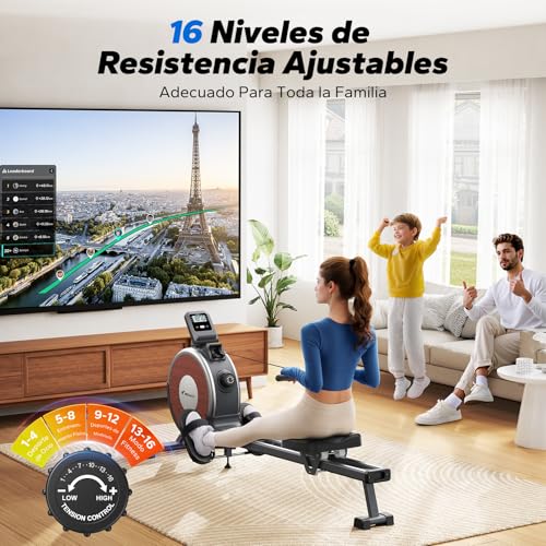 Rameur magnétique MERACH, 16 niveaux, rails doubles