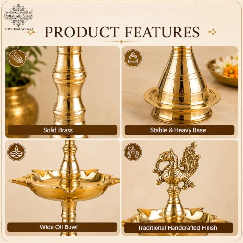 Image of Indian Art Villa Brass Stand Pillar Diya with Kerala Murga Design, Traditional Brass Oil Lamp for Pooja, Diwali, Home Temple, Mandir Decor, Festive Lighting & Spiritual Gifting, 10 Inch