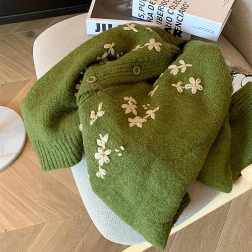 Vintage Cozy Cardigan Bohemian Flower Embroidery Autumn Winter Prairie Sweater Green Cashmere Top4