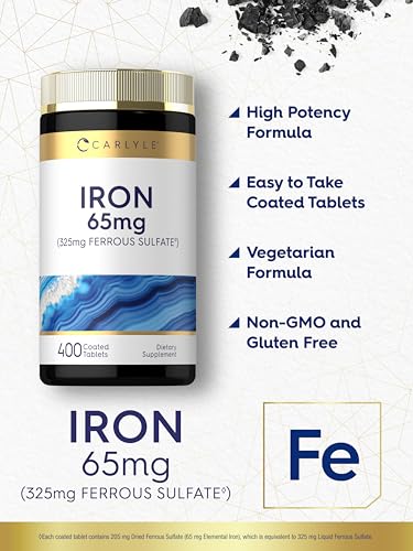 Image of Carlyle Iron Ferrous Sulfate 325mg, 65 mg | 400 Tablets | Non-GMO, Gluten Free, and Vegetarian Supplement | High Potency