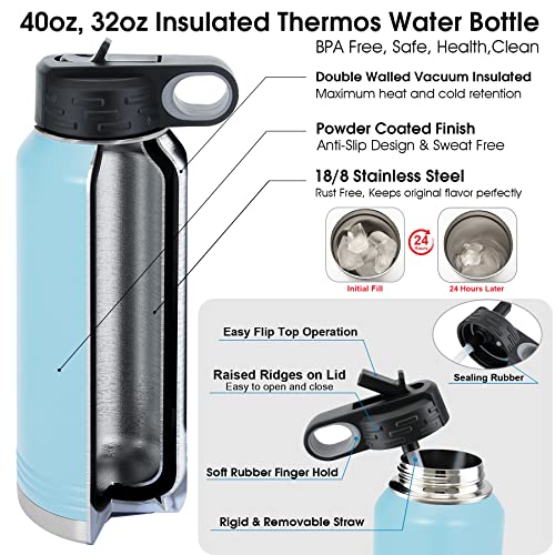 Personalized Water Bottle For Girls 40Oz/32Oz, Custom Insulated Water Flask, Stainless Steel Sports Double Wall Thermos With Straw And Flip-Top Lid, Name/Text Engraved By Iproductsus, (Light Blue) #TOP5