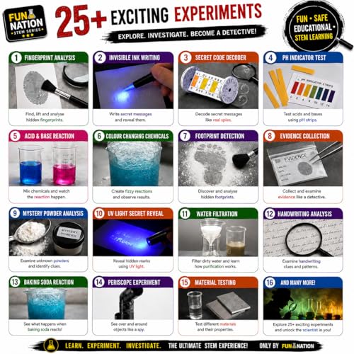 Image of FUN NATION Science Experiment Kit for Kids Ages 8-12 | STEM Science Detective & Spy Kit with 25+ Chemistry Experiments, Fingerprint Investigation, Magnifying Glass & Periscope | Birthday & Return Gift