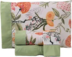 Jogo de Lençol Floral, 4 Peças, Percal 180 Fios, Estampado com Ponto Palito, Algodão/Poliéster, Casal, Queen ou King (Verde, Casal Queen)
