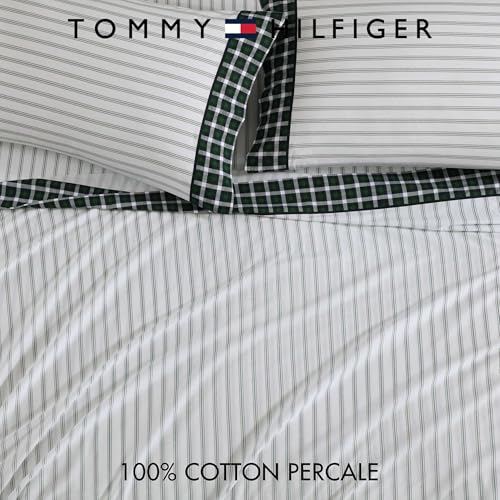 Image of Tommy Hilfiger - Full Size Sheets Set, Crisp & Tailored Cooling Sheets with a Cotton Percale Lightweight Feel - Bed Sheets with Matching Pillowcases & Fitted Sheet (Cass Park Mix Green)