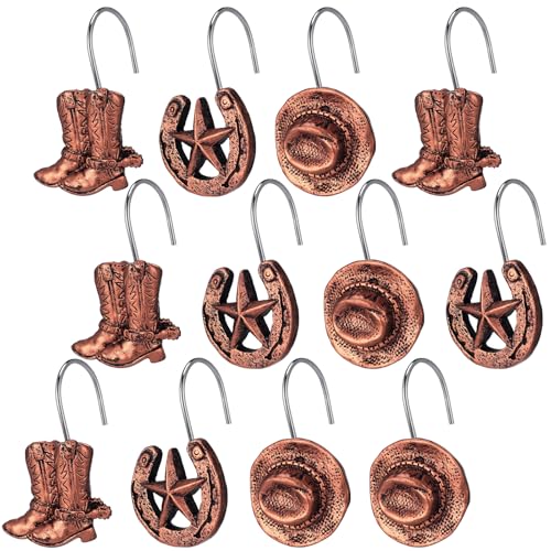 Beeveer 24 Pcs Western Shower Curtain Hooks Western Cowboy Bathroom Decor Decorative Farmhouse Rustic Country Shower Curtain Hooks Rings Bronzing Retro Hanger for Bathroom Decor Accessories Set