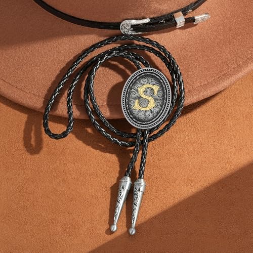 Image of HUABOLA CALYN Bolo tie for Men, Western Cowboy Golden Alphabet Initial Letter ABCDJMR to Y Costume Bolo ties Neckties