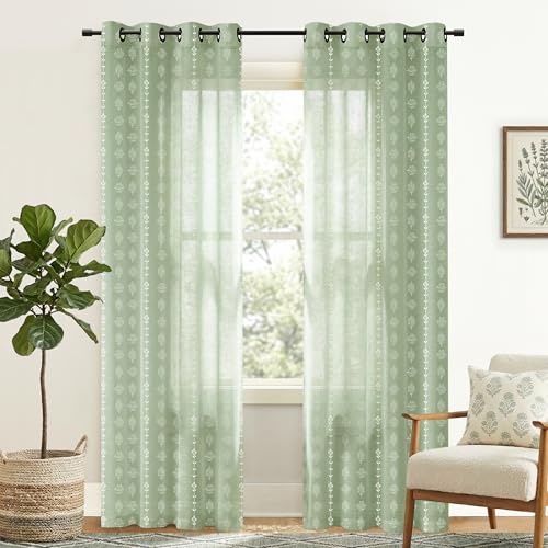 Sage Green Floral Curtains,Light Weight Sheer Boho Patterned Cottage Core Curtains for Bedroom Living Room 84 Inches Long 2 Panels Set