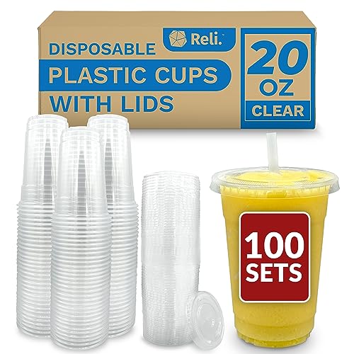 Reli. 20oz Clear Plastic Cups with Lids 100 Pack | Leak-Proof PET