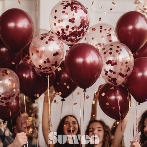 Image of SUWEN Burgundy and Maroon Confetti Balloons Set 47PCS Shiny Latex