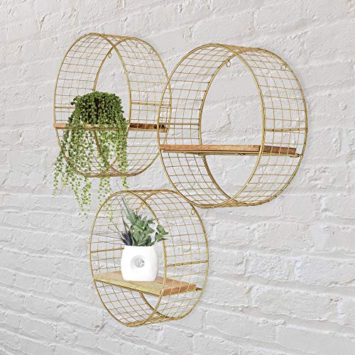 Kimisty Set Of 3 Gold Round Floating Shelves, Circular Wall Shelves As Boho Bathroom, Living Room, Kitchen & Bedroom Decor, Metal Wire Mesh Sconce Shelf, Circle Accent Display #TOP3