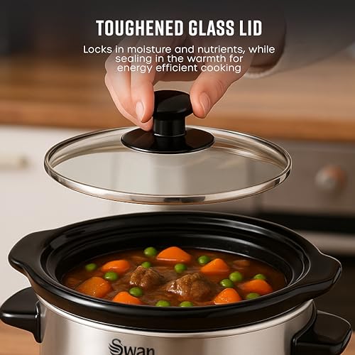 Swan SF17010N 1.5 Litre Slow Cooker with 3 Heat Settings, Glass Lid, 120W, Stainless Steel, Silver - Image 6