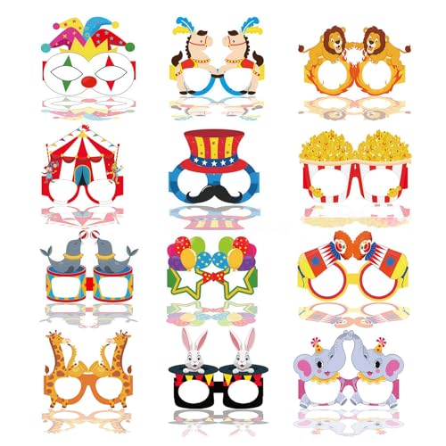 24 pièces Accessoires de photobooth de cirque – Lunettes en papier de clown amusantes pour la décoration de fête, anniversaire d'enfants, baby shower et...
