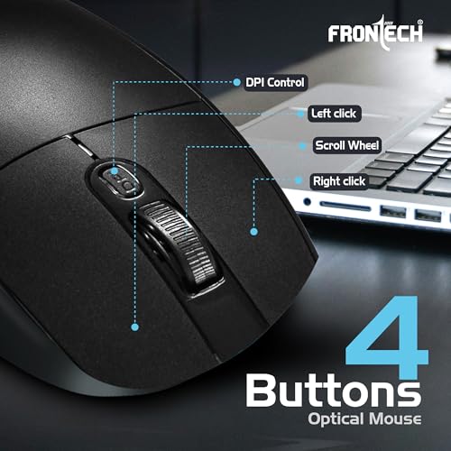 Image of FRONTECH MS-0056 Wireless Optical Mouse | 2.4GHz | 1600DPI | USB Nano Receiver | Ergonomic Design | Black