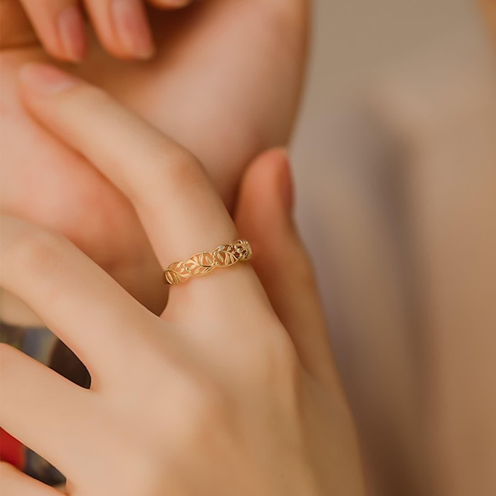 Wycian Anillo Dorado Anillo Oro 14K Hoja Hueca Tamaño 8 Moda Para Lesbian Aniversario Joyas Actualización 3.0