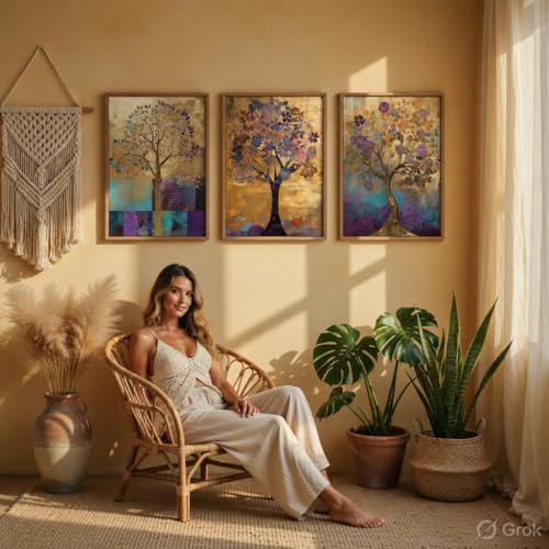 Image of Livin'luxe Abstract Tree Wall Painting Set of 3 with Wooden Frames | Modern Golden Tree Artwork HD Sparkle Laminated MDF Wall Decor | Elegant Nature Tree Wall Art for Living Room Bedroom