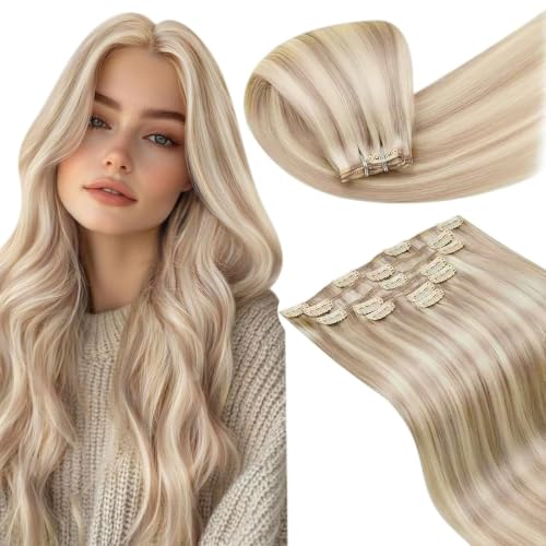 Image of LaaVoo Human Hair Clip in Extensions Highlights Hair Extensions Clip ins Ash Blonde Mix Bleach Blonde Clip in Hair Extension Real Human Hair Silky Straight 24 Inch7pcs 150g