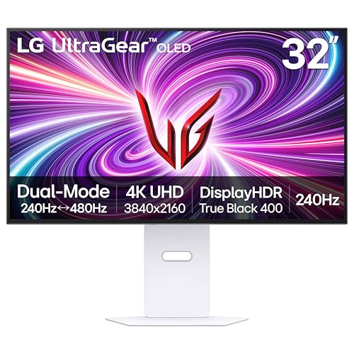 LG ‎32GS95UV 32-inch Ultragear OLED Gaming Monitor 4K UHD 1440p 240Hz 0.03ms DisplayHDR True Black 400 AMD FreeSync Premium Pro NVIDIA G-Sync HDMI 2.1 DisplayPort Tilt/Height/Swivel Stand White