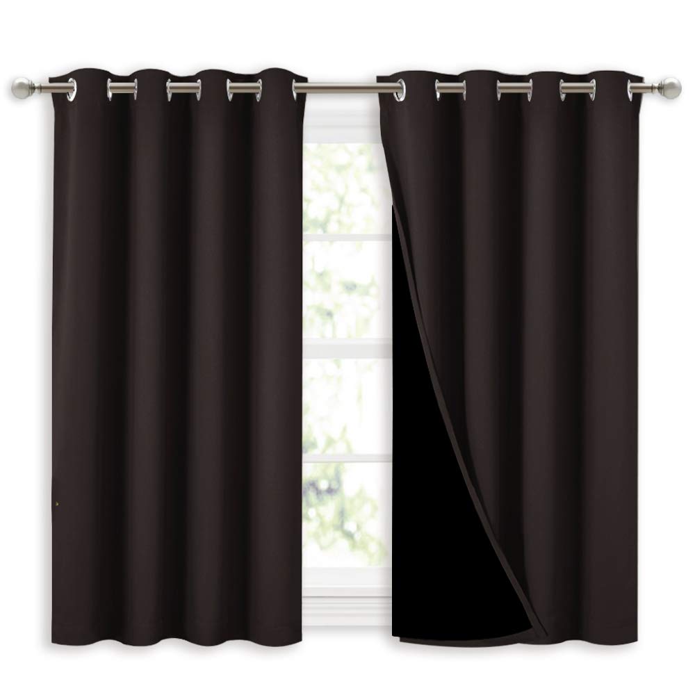 NICETOWN 100% Blackout Curtains 45 inches Length, 2 Thick Layers Completely Blackout Window Treatment Thermal Insulated Lined Drapes for Basement Window (Brown, 1 Pair, 52 inches Width Each Panel)