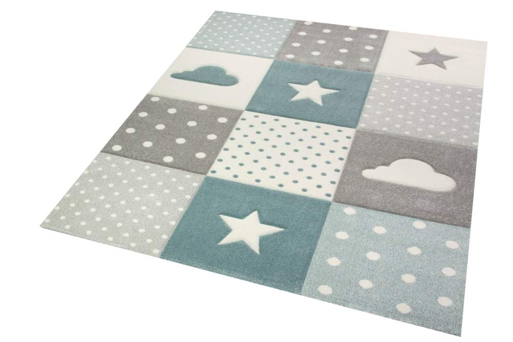 Merinos Kinderteppich Junge Teppich Kinderzimmer mit Stern Wolke in Blau Grau Creme Größe 160x230 cm