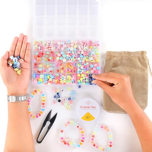 Image of ambitieux DIY Bracelet Making Kit - 24 Colorful Beads, 10m Elastic Thread, Jute Bag, and Cutter - Gift for Girls Birthdays (Double Beads Multicolor 3)