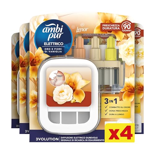 Ambi Pur 3Volution - Ambientador para ambientes, 1 difusor eléctrico ambiente y 4 recargas, fragancia dorada y flores, tecnología elimina olores, hasta 90 días de perfume por recarga