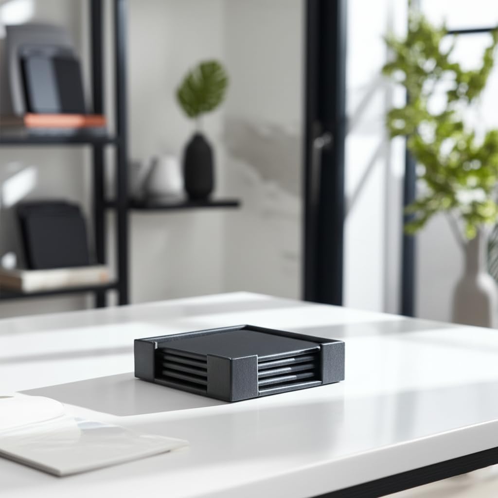 Dacasso 4 Coaster Set, Square - Classic Black Leather Luxury Executive Decor and Desk Surface Protector