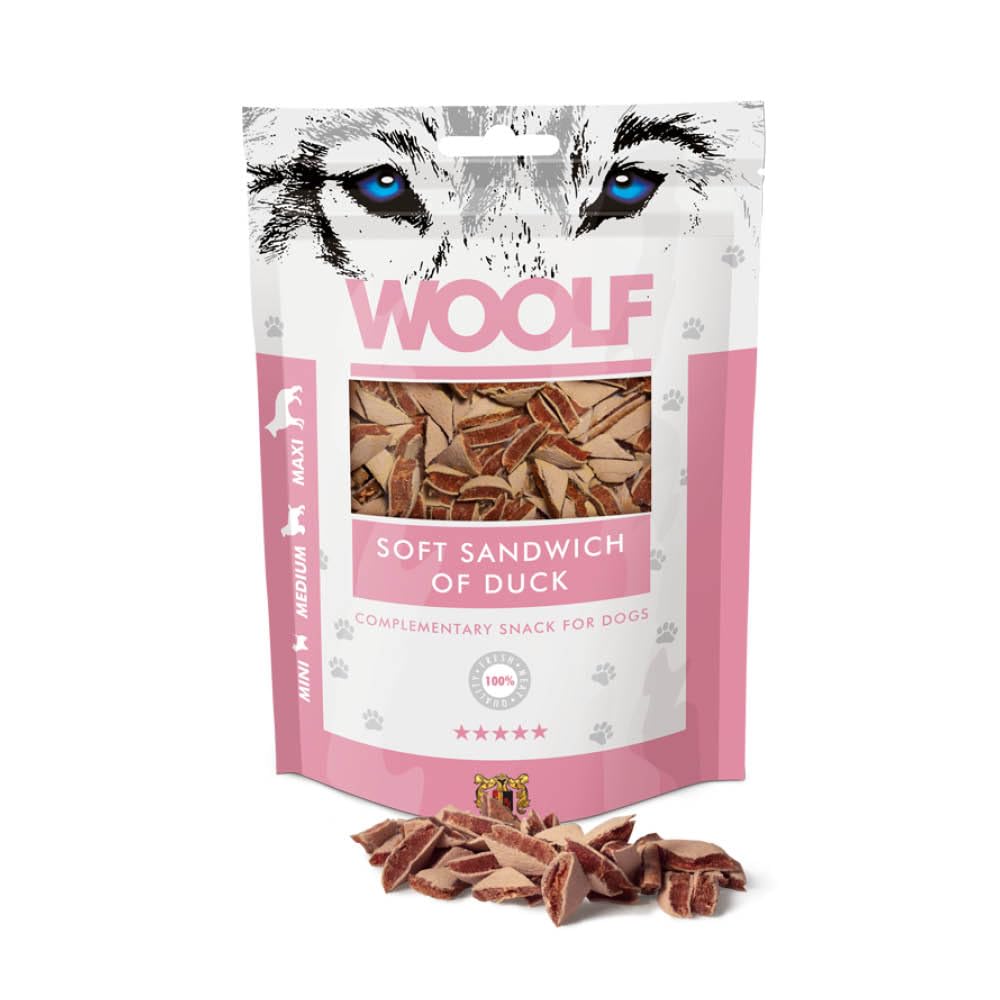 WOOLF Soft Sandwich of Duck Dog Treat - Complementary Snacks for Dogs. All-Natural Ingredients, High Meat Content, Nutritional, Free from Artificial Additives. Suitable for Dogs (100g)
