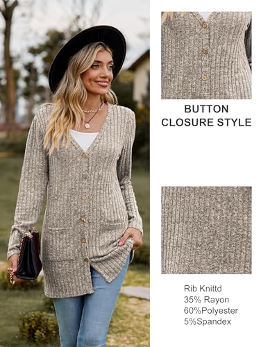 Famulily Damen Open Front Lange Strickjacken mit Taschen für Frauen Cosy Lose Open Front Pullover Mantel (M, Khaki)